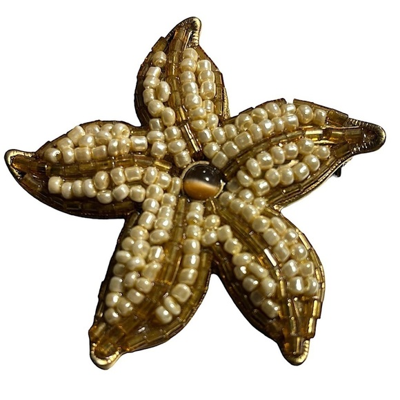 Sea Star / Starfish Brooch Gold & White Seed Beads Tiger Eye Center Stone Signed - Picture 3 of 6
